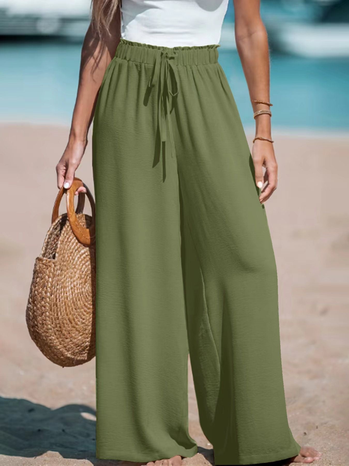 Loose casual wide leg pants with drawstring