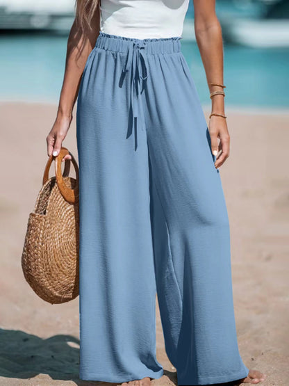 Loose casual wide leg pants with drawstring