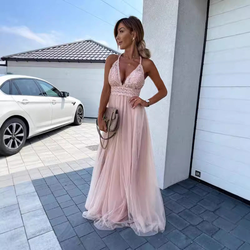 European And American Mesh Deep V Formal Dress