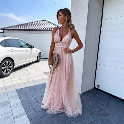 European And American Mesh Deep V Formal Dress