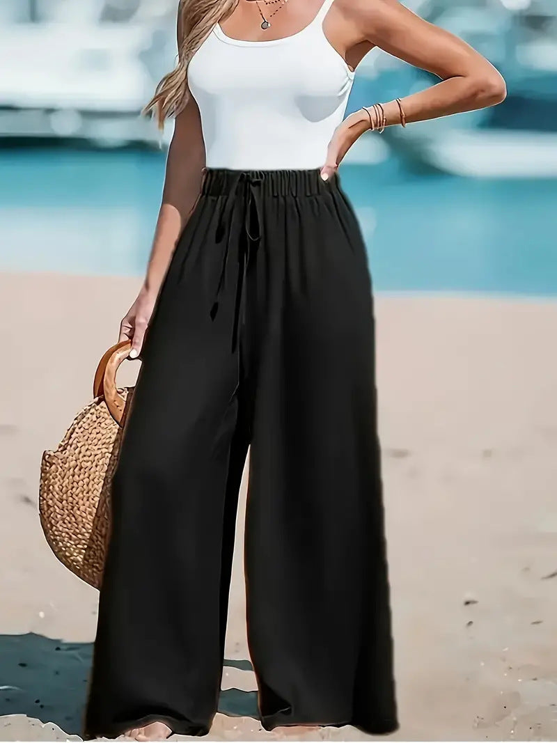 Loose casual wide leg pants with drawstring