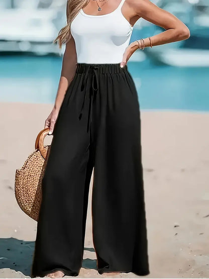 Loose casual wide leg pants with drawstring